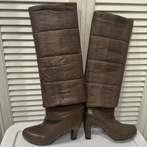 Devi Kroell leather boots taupe brown removable python cover 3.5” heel size 8